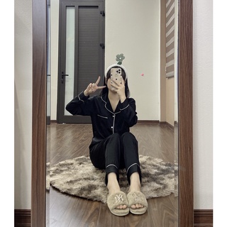 Đồ ngủ pijama lụa cao bộ dài tay xanh, đen ,Bộ ngủ lụa