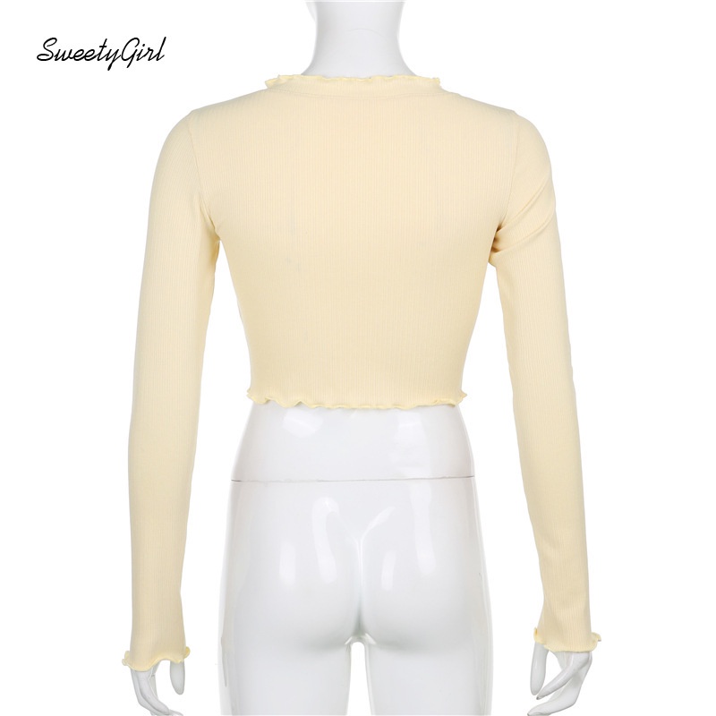 Áo Sơ Mi Tay Dài Cổ Chữ V Màu Trơn Viền Xòe Thời Trang Cho Nữ