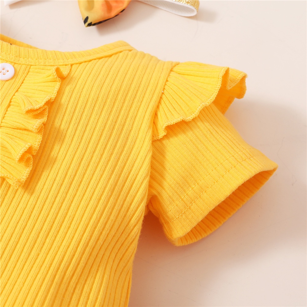 Set đồ 3 món Mikrdoo gồm áo liền quần cotton tay ngắn + quần dài in họa tiết hoa + băng đô nơ cài tóc cho bé gái sơ sinh