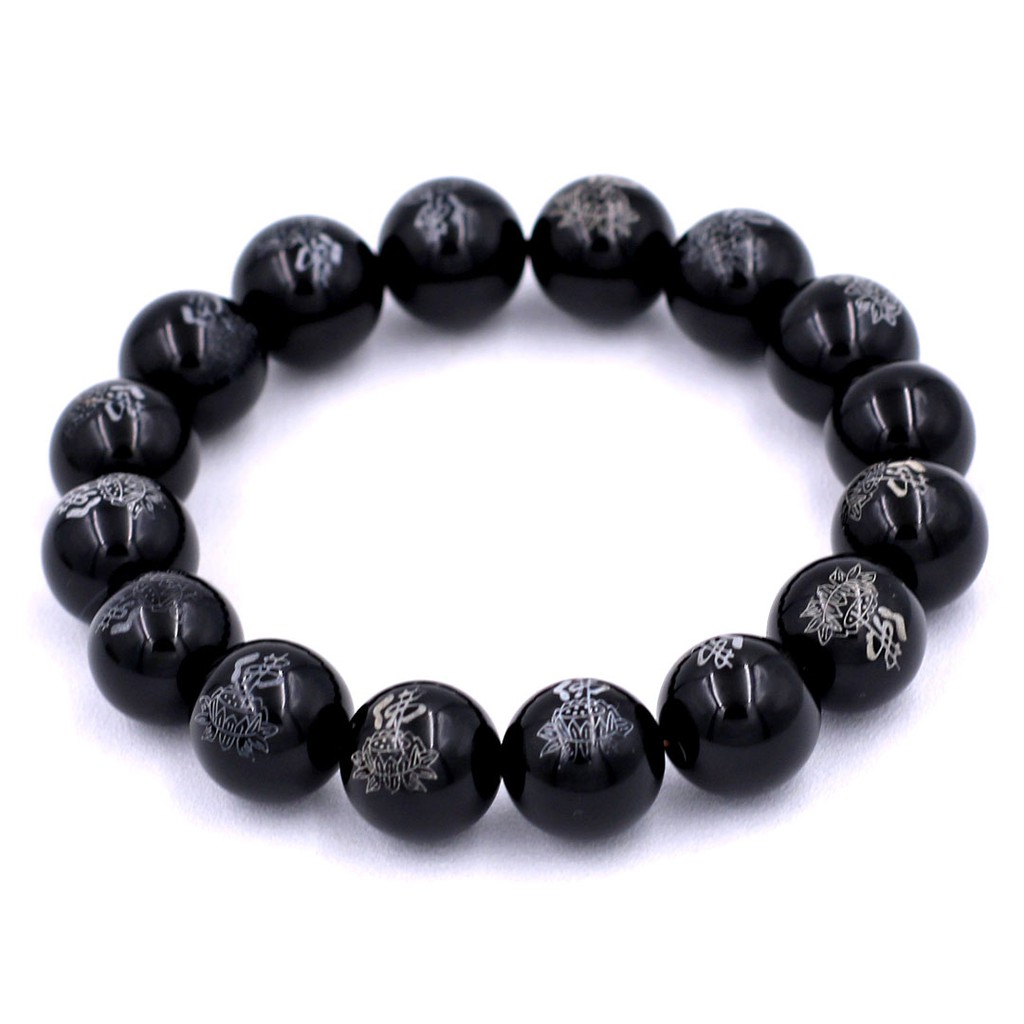 Chuỗi hạt đeo tay đá đen khắc chữ Phật 12 ly - Vòng tay chuỗi hạt đá - Vòng tay mệnh Mộc, mệnh Thủy
