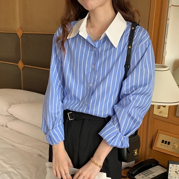 Áo sơ mi Peppermint dài tay họa tiết kẻ sọc phong cách thời trang mới 53560