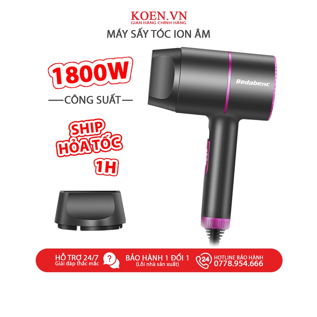 Máy Sấy Tóc Công Suất Lớn Bedabenc 1800W Kích Thước Nhỏ Gọn Bổ Sung Ion Âm Giúp Tóc Bóng Mượt Tặng Kèm Mỏ Sấy Tạo Kiểu