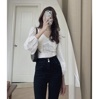 Áo kiểu ngực rúm tay bồng xẻ lưng thắt nơ, Áo thô đũi cách điệu tay bồng buộc vạt sau dáng croptop