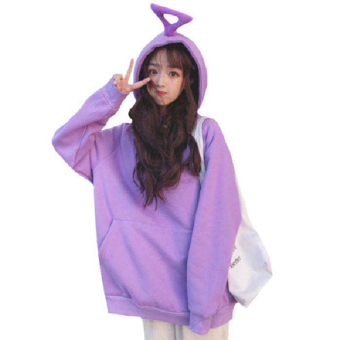 Áo hoodie dài tay có mũ màu trơn phong cách Hàn cho nữ