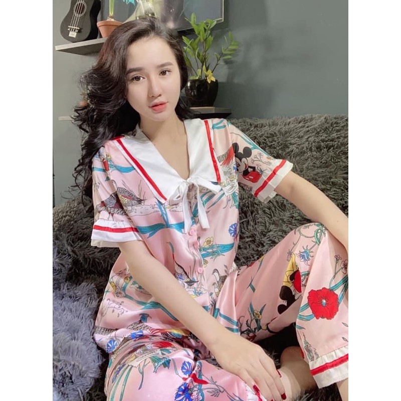 Đồ Bộ Pizama Satin Lụa Chim Hạc Tay Ngắn Quần Dài | BigBuy360 - bigbuy360.vn