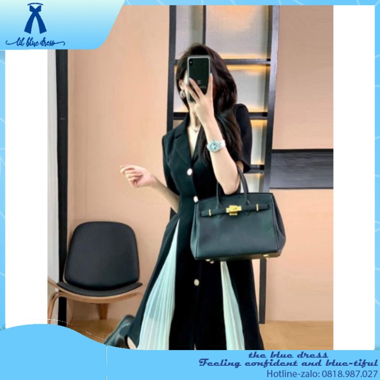 ✨QUẢNG CHÂU✨ Đầm công sở phối xếp li thanh lịch Mini Dress 🔥FREESHIP🔥 lady xanh cotton cổ V vuông tay phồng chiết eo c
