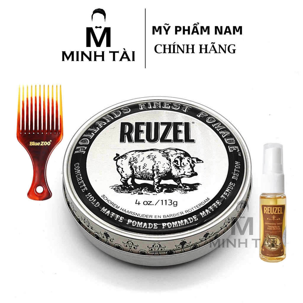 Sáp Vuốt Tóc Nam REUZEL Concrete Pomade - Hàng Chính Hãng  + Xịt Dưỡng Tóc Reuzel Tonic 20ml + Lược Chải Tóc Pomade