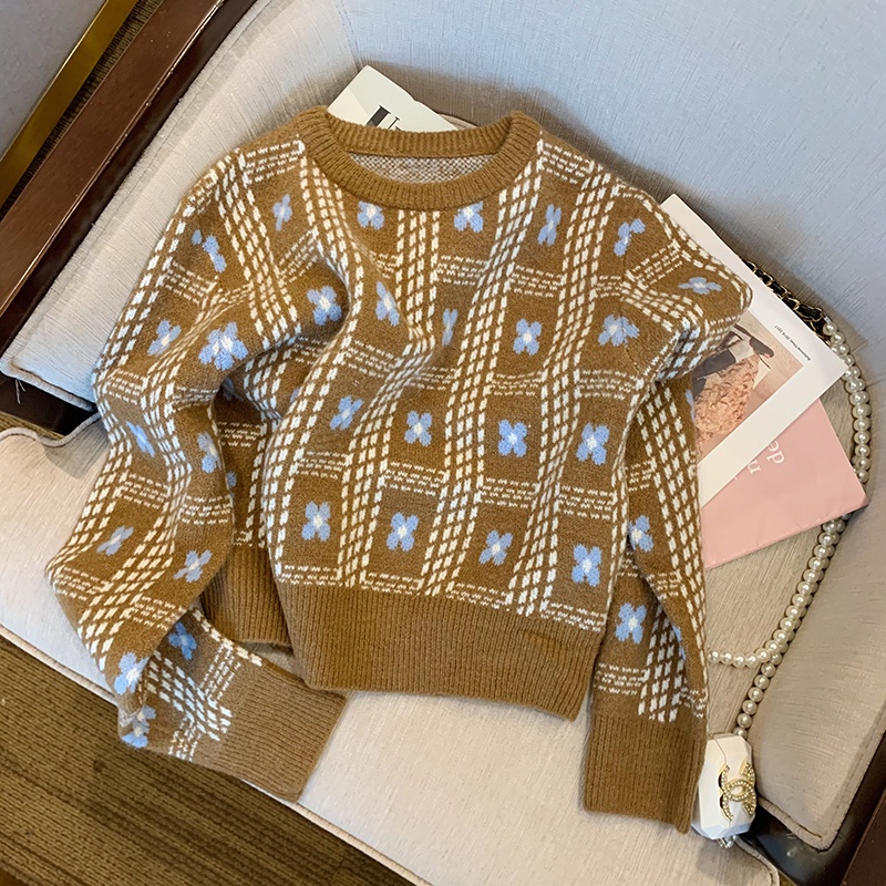 Áo Lửng Nữ Ca Rô Dài Tay Cổ Tròn Thời Trang Hàn