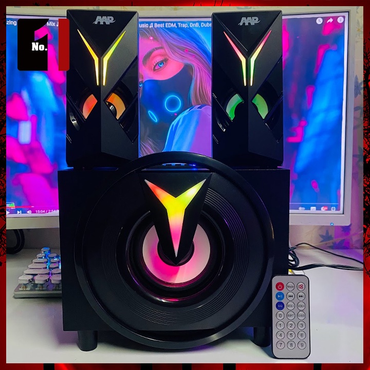 Loa Máy Tính Để Bàn Bluetooth LED RGB 2.1 AAP E009 Loa Vi Tính Laptop Pc Nghe Nhạc Bass Lớn Có Dây