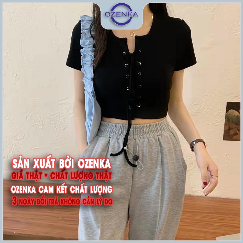 Áo croptop nữ kiểu buộc dây tay ngắn ozenka , áo thun cổ bẻ crt đẹp cài khuy buộc nơ 2022 màu đen trắng size 40 -55 cân