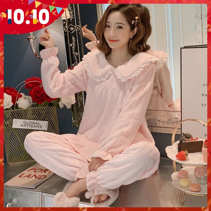 Bộ đồ mặc nhà vải dạ dày dặn phong cách công chúa thời trang thu đông giữ ấm cho nữ