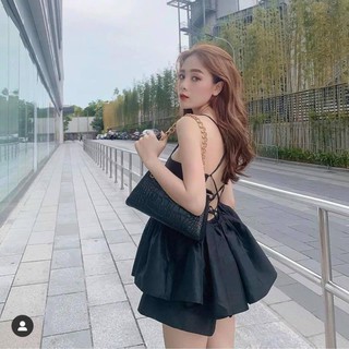 Set Áo Peplum Đen Đan Lưng Và Short