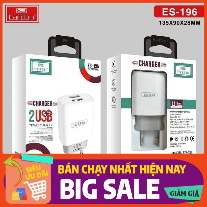 Sạc Bộ Earldom ES-196Sạc Bộ Earldom ES-196 ✅Thiết kế 2 cổng USB điều có công suất là 5V/2.4A giúp tiết kiệm đến 35...