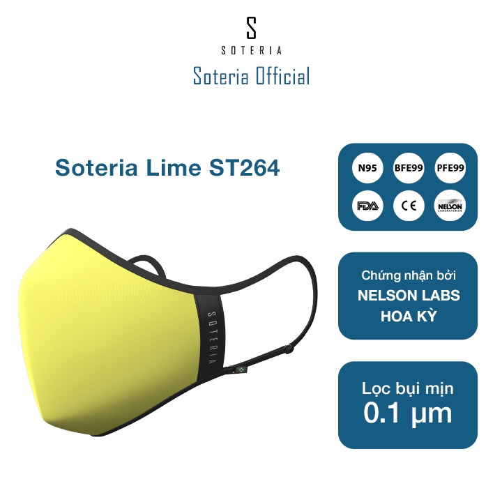 Khẩu trang tiêu chuẩn Quốc Tế SOTERIA Lime ST264 - Bộ lọc N95 BFE PFE 99 lọc đến 99% bụi mịn 0.1 micro- Size S,M,L