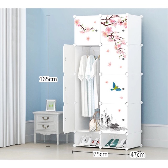 TỦ NHỰA QUẦN ÁO LẮP GHÉP 8+2 Ô GIÀY SÂU 47cm. Tặng kèm 1 treo đồ. Thân trắng cửa hoa ảnh đào