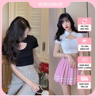 Áo thun cộc tay nữ croptop cổ bẻ khoét ngực Wikishop đen trắng basic phom ôm hở eo sexy tôn dáng hàn quốc C818