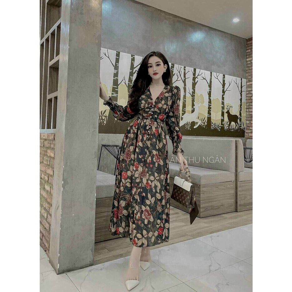 Đầm hoa họa tiết ôm eo dáng xuông, đầm hoa ôm eo tôn dáng