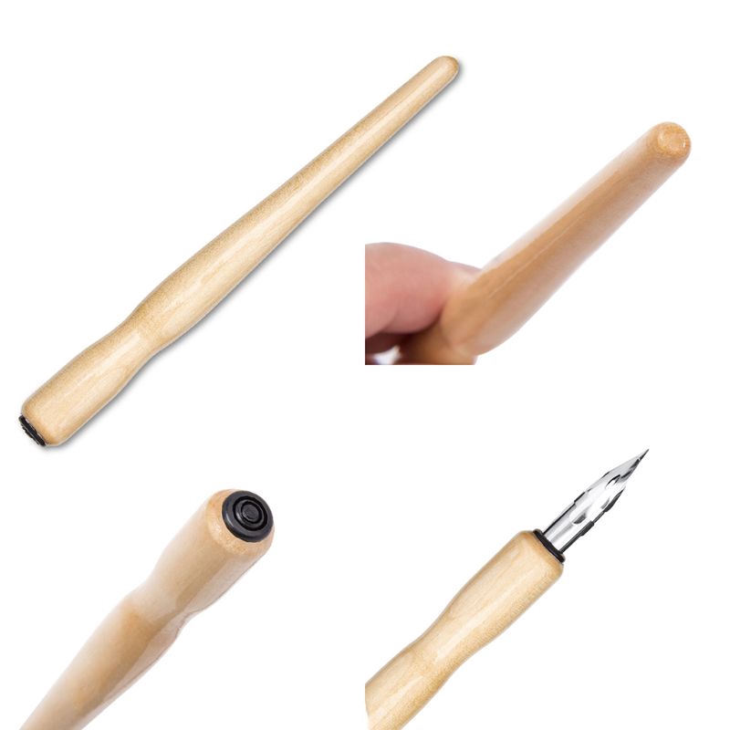 Bộ bút viết thư pháp chuyên dụng gồm tay cầm bằng gỗ + 3 ngòi bút + mực