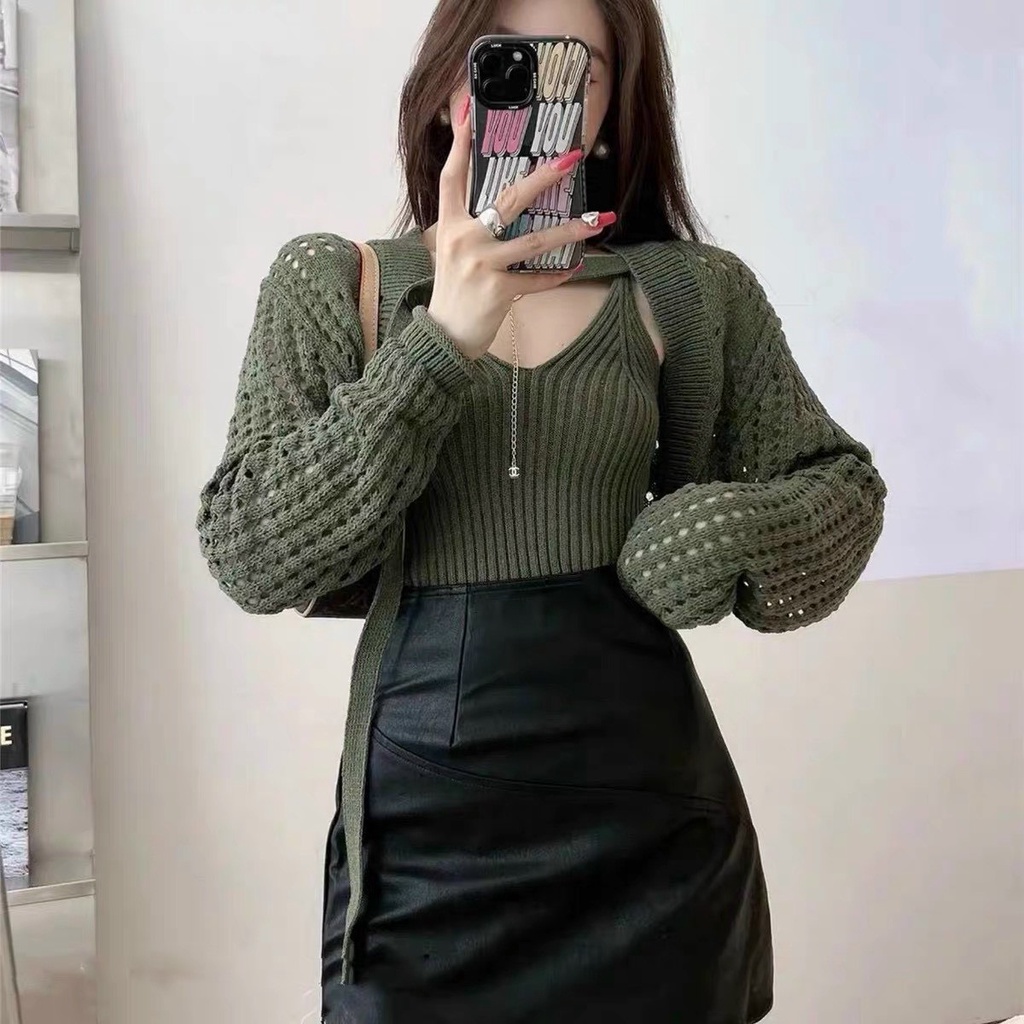 Set cardigan 2 món len lưới dây khuy Hàng QC SĐ04