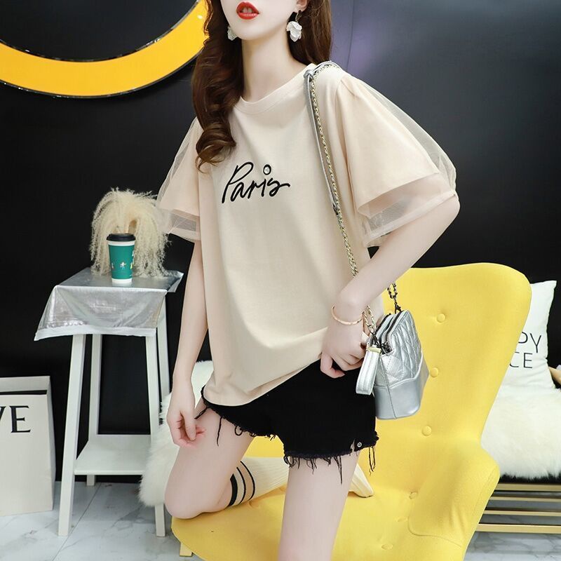 Áo Thun Tay Ngắn Dáng Rộng Phối Lưới Phong Cách Hàn Quốc Dễ Phối Đồ Thời Trang Cho Nữ