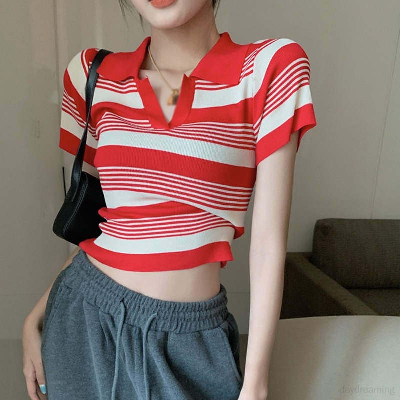 Áo Croptop Dệt Kim Cổ Bẻ Dáng Ôm Thời Trang Retro Cho Nữ