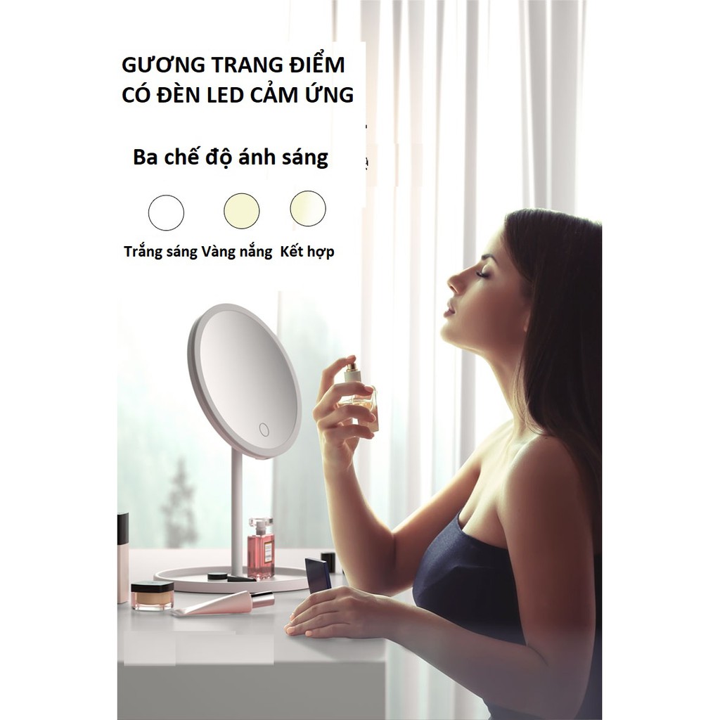 Gương Trang Điểm Có Đèn Led Cảm Ứng 3 Chế Độ Ánh Sáng Hàng Japan- Gương MakeUp Tròn Hai Màu Trắng Và Hồng Phấn