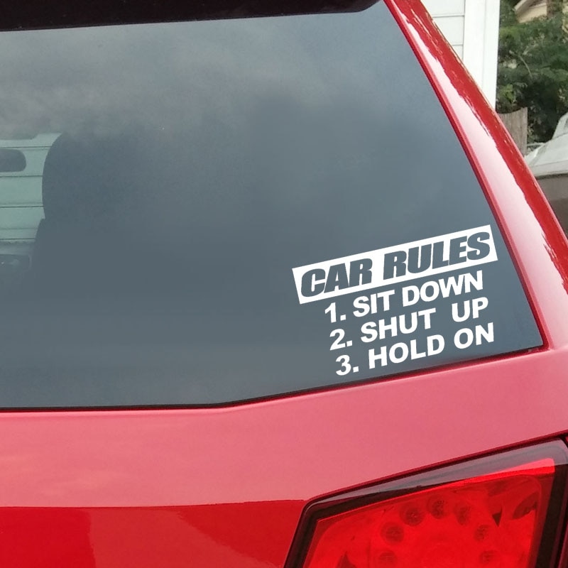 Miếng sticker &quot;CAR RULES SIT DOWN HOLD ON SHUT UP&quot; dán trang trí ô tô vui nhộn 15cmx8.4cm