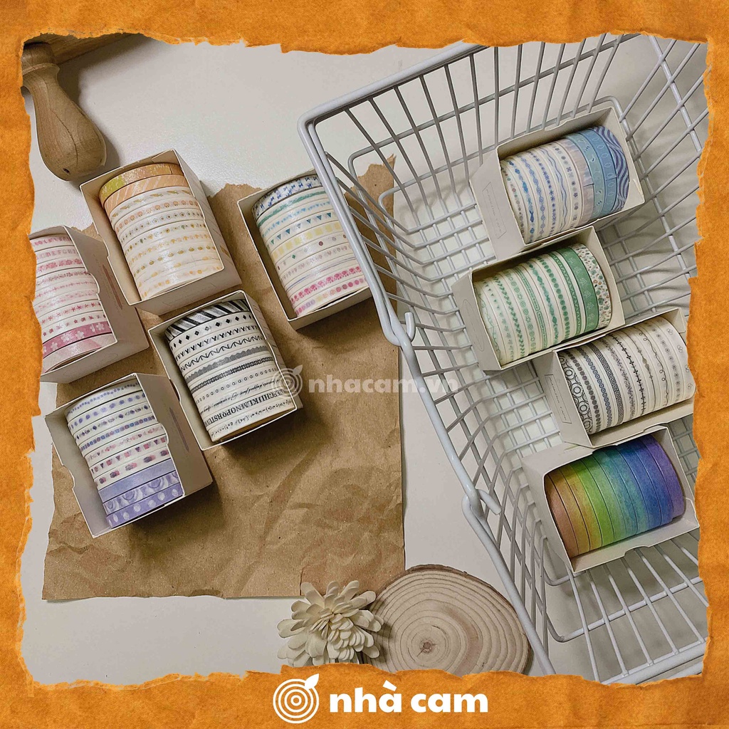 Set 10 Cuộn Washi Tape Mảnh 5mm Vintage Nhà Cam