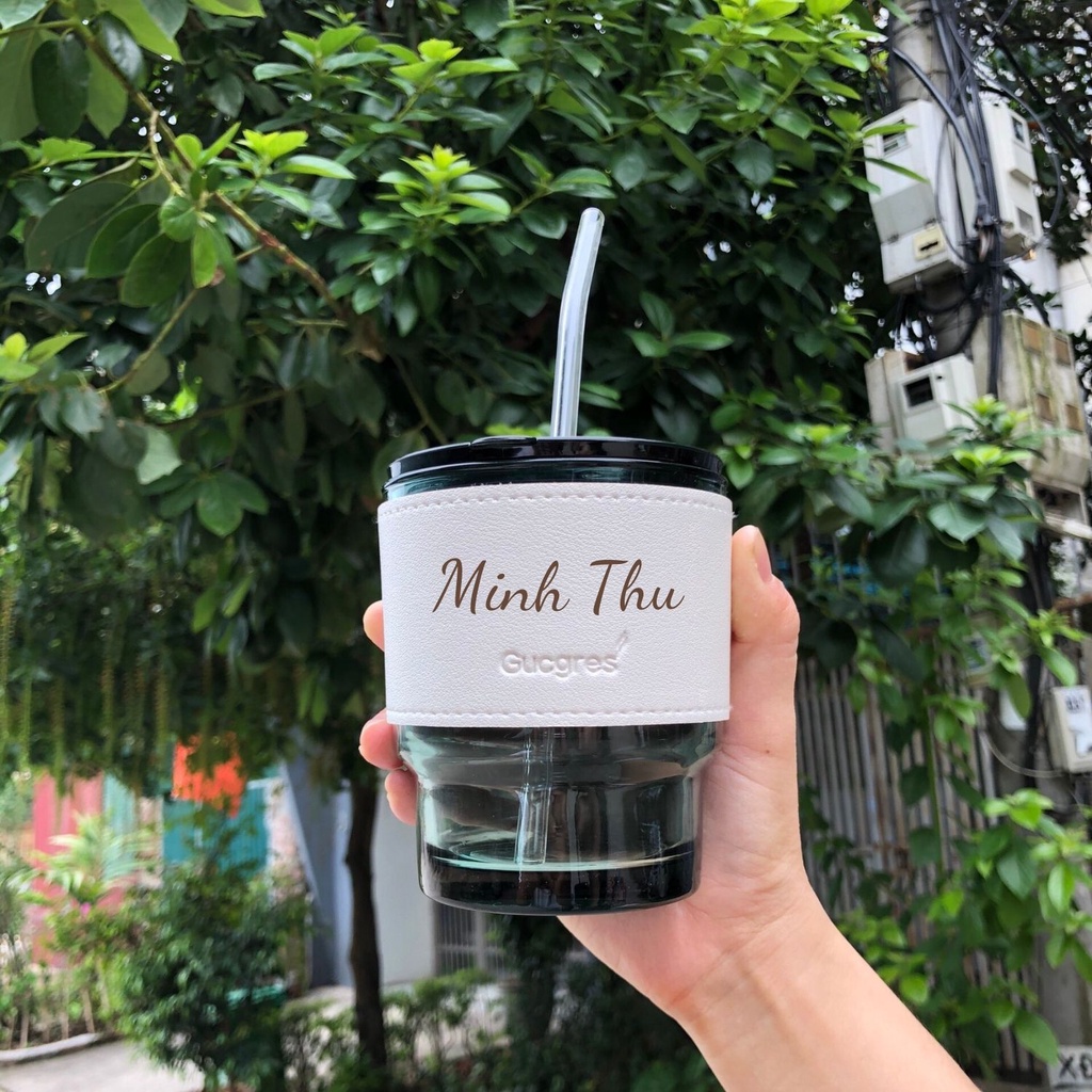 Cốc thuỷ tinh vỏ da xanh ngọc dày dặn đẹp sang trọng độc đáo khắc tên lên ly thuỷ tinh K-House Smart