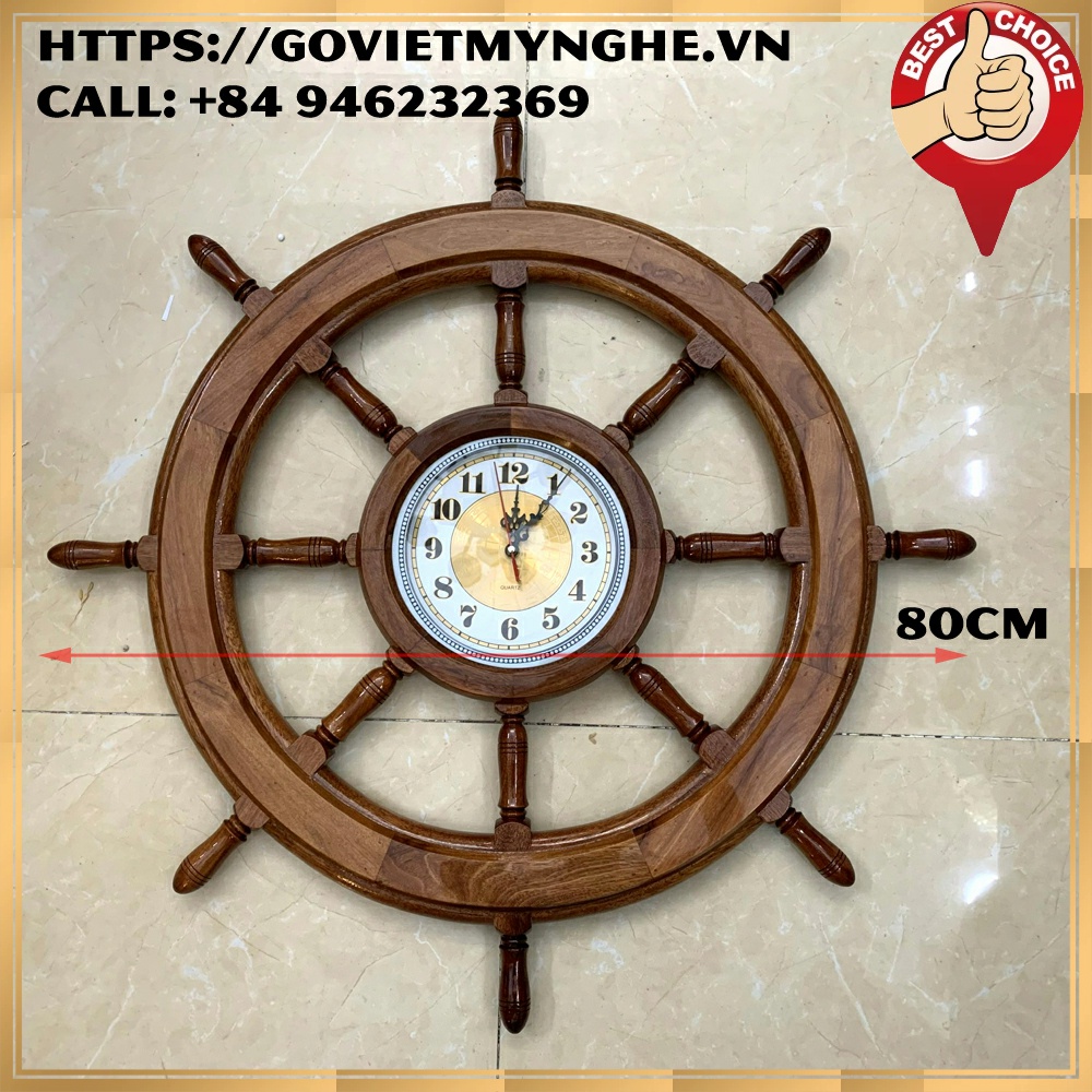 Mô hình bánh lái tàu gỗ trang trí - vô lăng tàu gỗ trang trí treo tường - đồng hồ bánh lái tàu - Ø 80cm - Gỗ căm xe