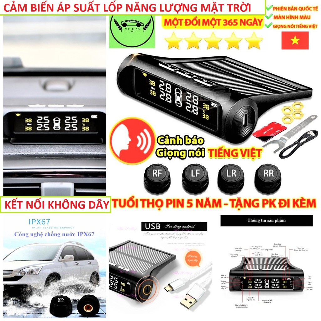 BỘ CẢM BIẾN ÁP SUẤT LỐP Ô TÔ KHÔNG DÂY MẪU MỚI , PIN SẠC NĂNG LƯỢNG MẶT TRỜI LẮP CÁC LOẠI XE , MÀN HÌNH LCD