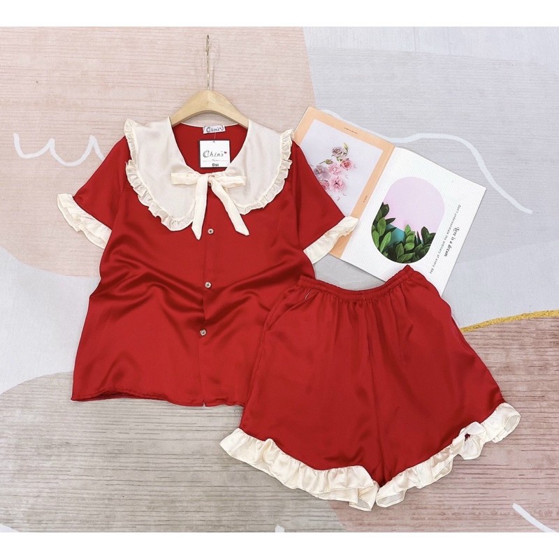Đồ Ngủ💖Đồ Bộ Pijama Lụa Áo Cộc-Quần Sooc Chất Liệu SaTin Phối Bèo Cổ Nơ | BigBuy360 - bigbuy360.vn