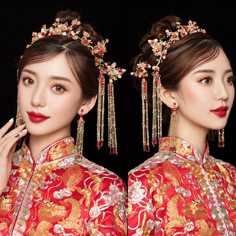 Cài tóc cô dâu mặt khỏa hỷ phục vương miện phượng hoàng đỏ cổ điển - CD32