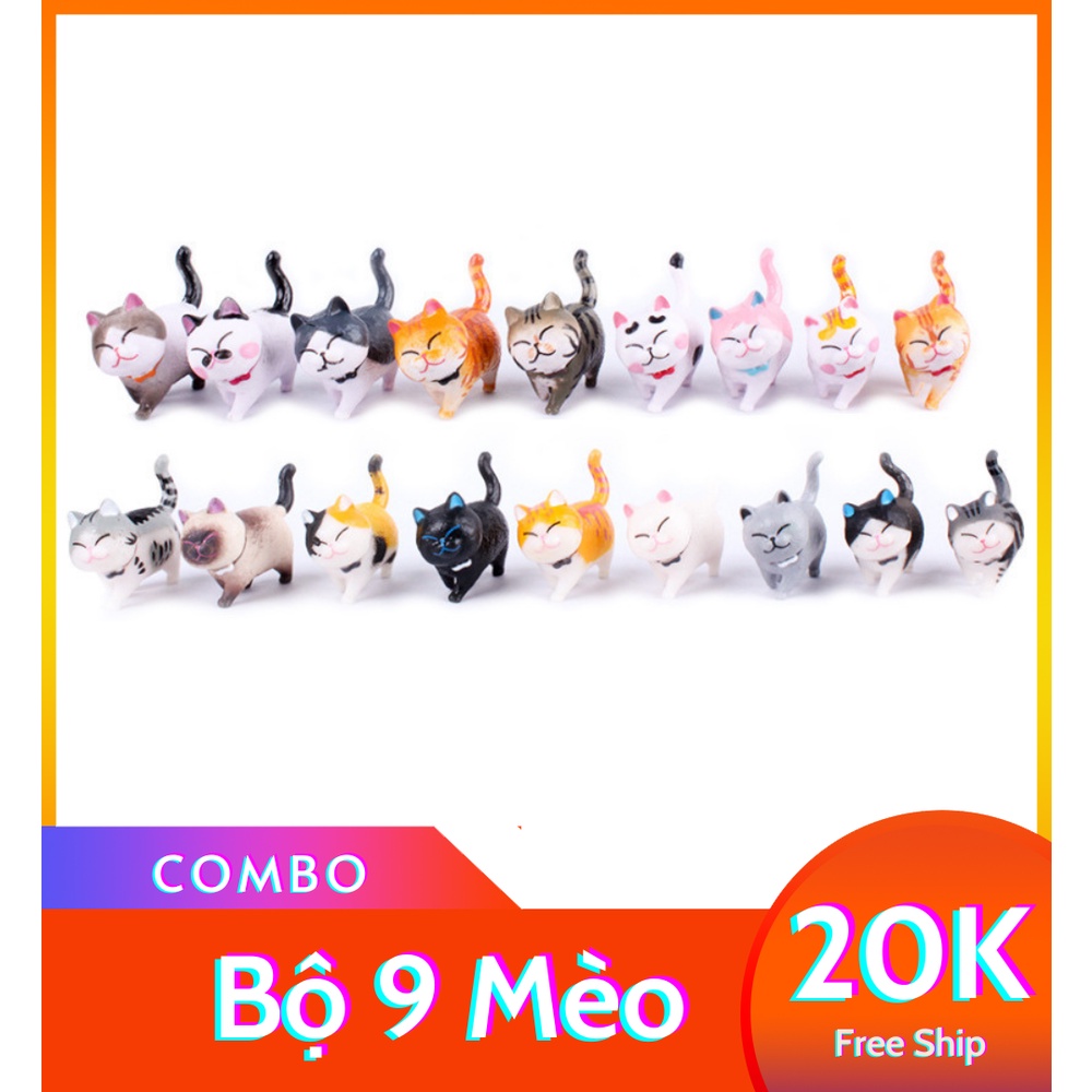 Set 9 mô hình mèo trang trí cute,1 bộ gồm 9 con có thể xoay 360 đọ