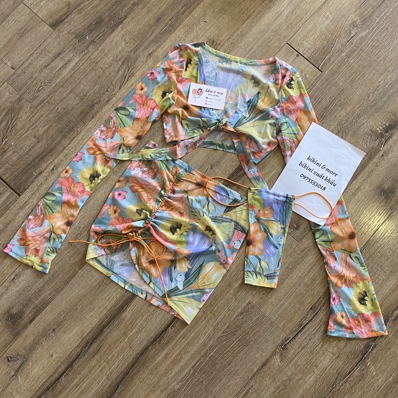[BKN1364] <ÂU> SET BIKINI 3 MÓN ÁO DÀI TAY, QUẦN THONG, CHÂN VÁY RÚT HOA HƯỚNG DƯƠNG VÀNG | BigBuy360 - bigbuy360.vn