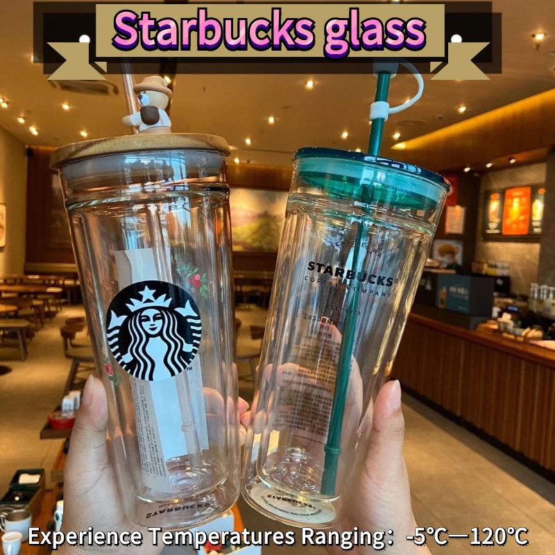 Ly Uống Cà Phê Starbucks Hai Lớp Có Nắp Gỗ Và Ống Hút