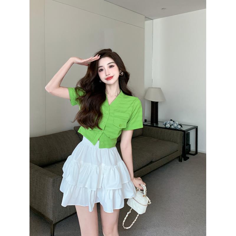 Jiashucheng Bộ Áo Tay Phồng Cổ Chữ V Trễ Vai + Chân Váy Xếp Tầng Lưng Cao Thời Trang Cho Nữ