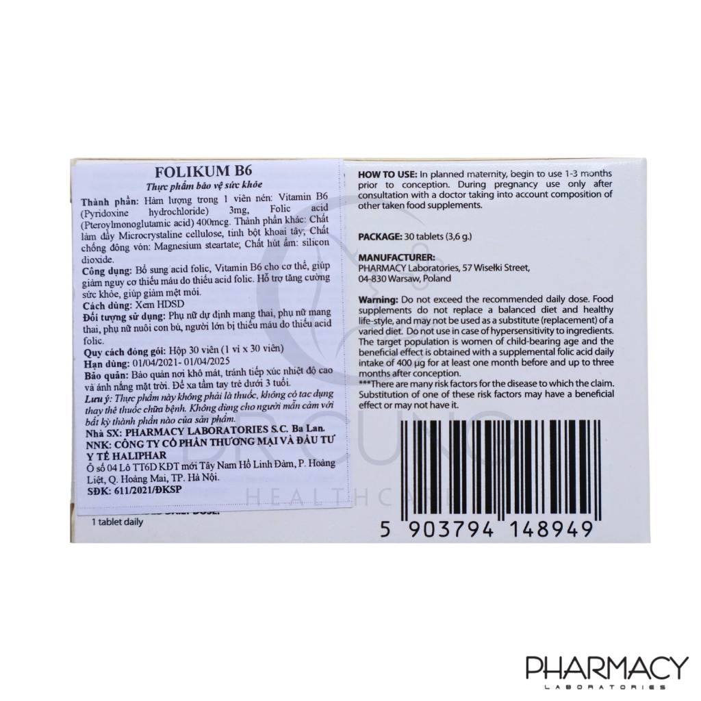 Bác Sĩ Cung Folikum B6 - Bổ Sung Vitamin B6, Acid Folic, Tăng Cường Sức Khỏe, Phòng Thiếu Máu (Hộp 30 viên)