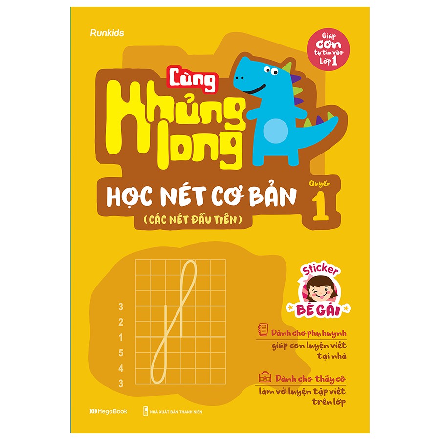 Sách Combo 3 cuốn Cùng Khủng long học nét cơ bản (Nét, số, chữ cái đầu tiên) Quyển 1, 2, 3 - Tặng kèm Sticker bé gái