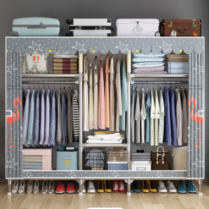 ♞♙♙Tủ kệ đựng quần áo vải khung gỗ 1m3 3 buồng 6 ngăn cỡ lớn loại 1 có lót tiện lợi (NEW)