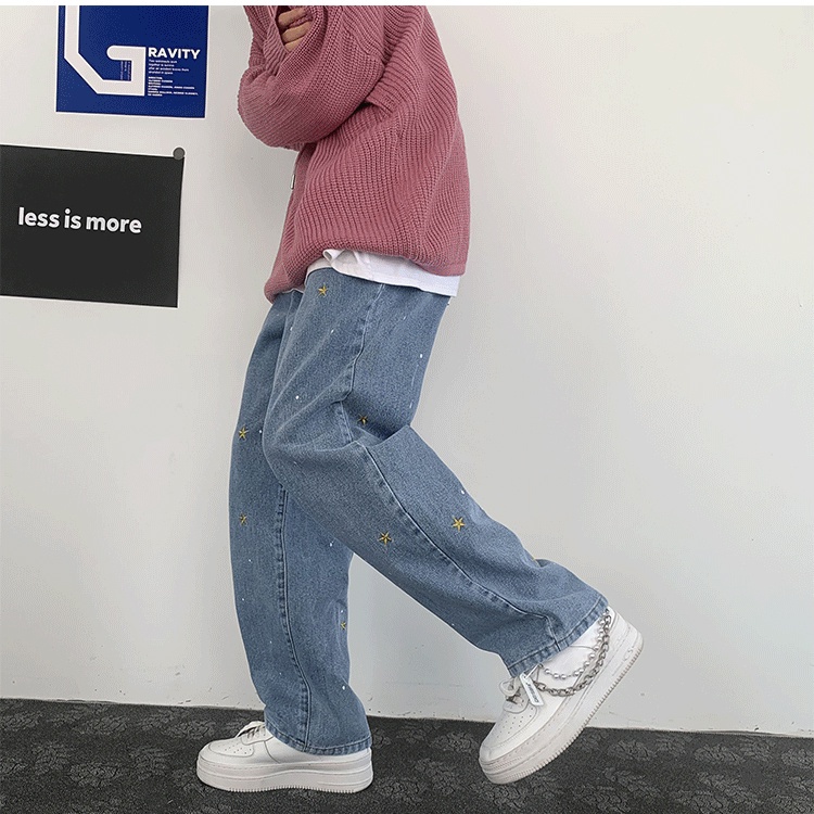 Quần jean dài dáng rộng thêu họa tiết ngôi sao cá tính thời trang dành cho nam