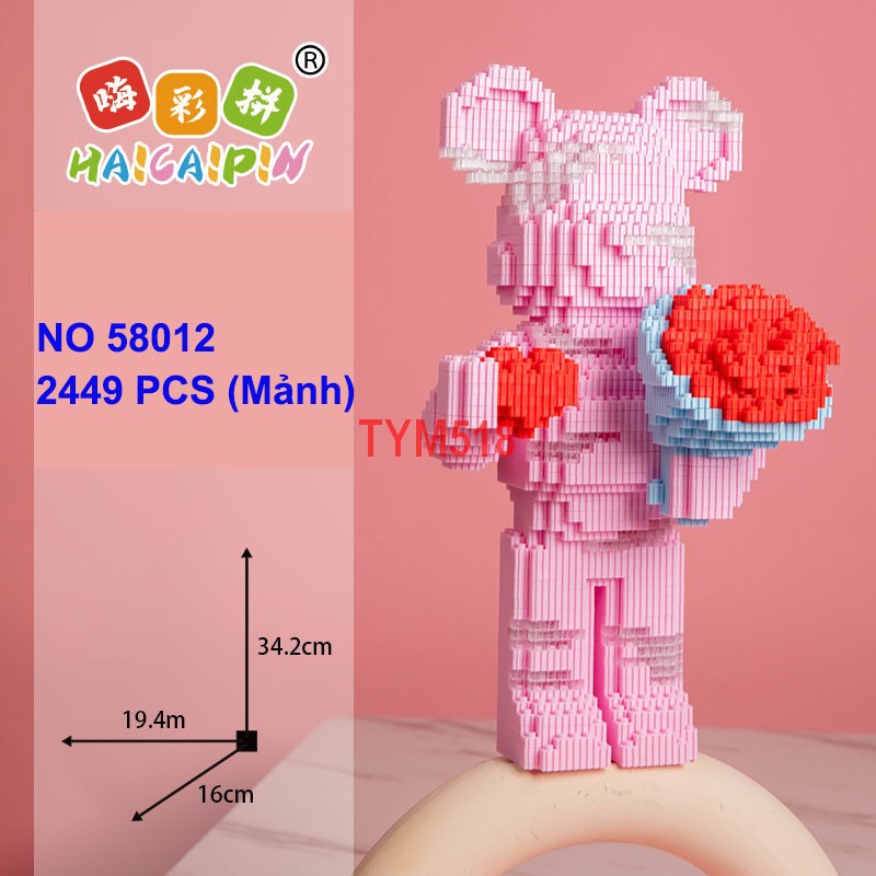 Xếp hình Gấu Bearbrick ôm hoa cầm hoa 35cm Đồ chơi lắp ráp mô hình cỡ lớn bear bricK cho bé