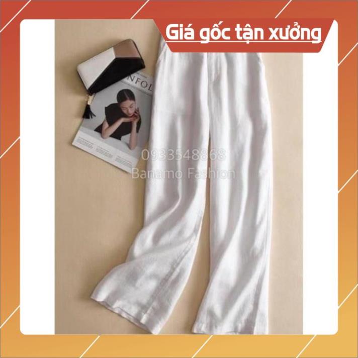 Quần ống rộng nữ vải đũi cạp cao 2 cúc suông dài tôn dán chun sau co dãn thoải mái [ĐỈNH LẮM]