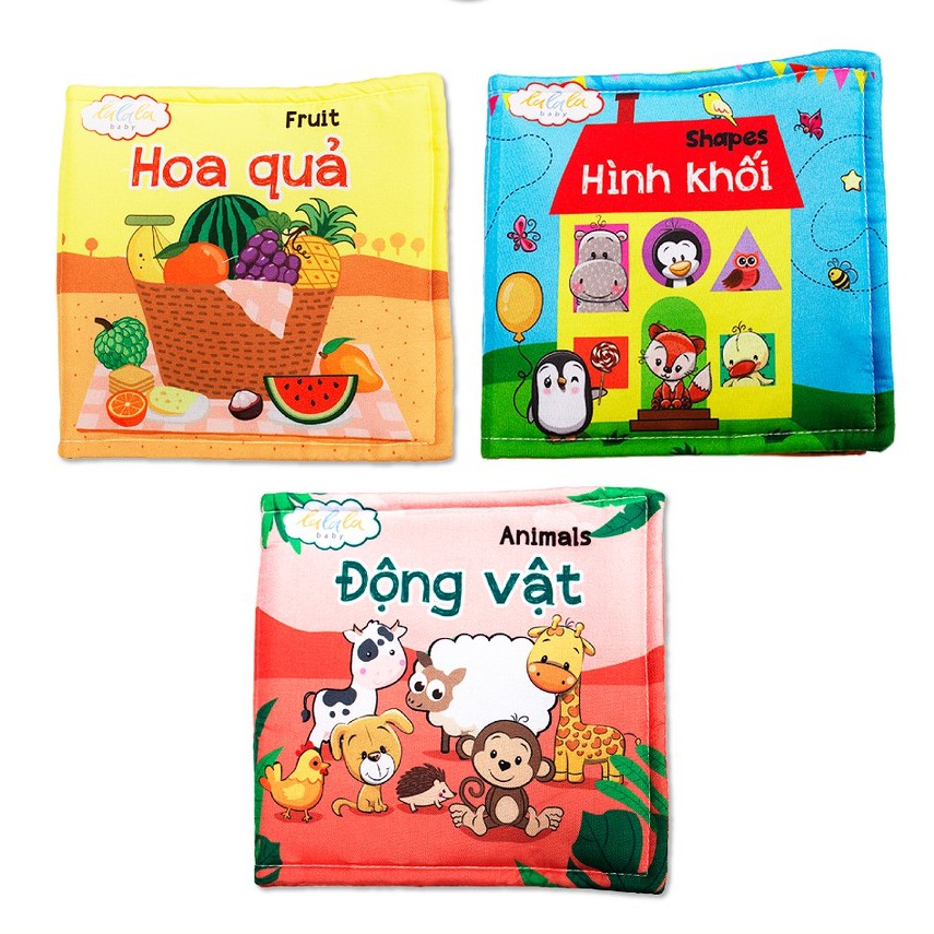 Combo 3 cuốn sách vải Lalala baby, kích thích đa cảm quan, kích thước 15x15cm 12 trang (hình khối, hoa quả, động vật)
