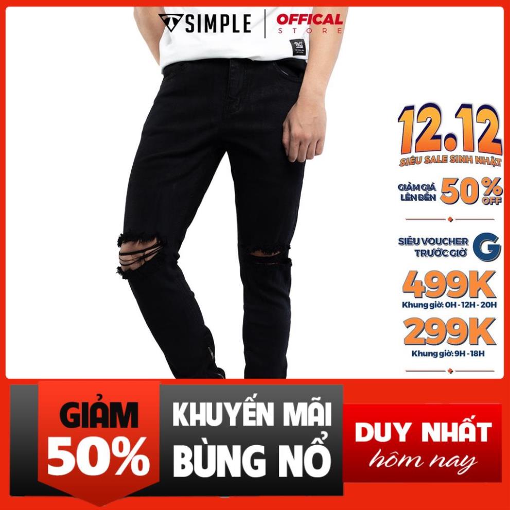 12.12 Quần Jean Nam Đen TSIMPLE rách gối chất bò cao cấp co giãn form slimfit QJRZ01