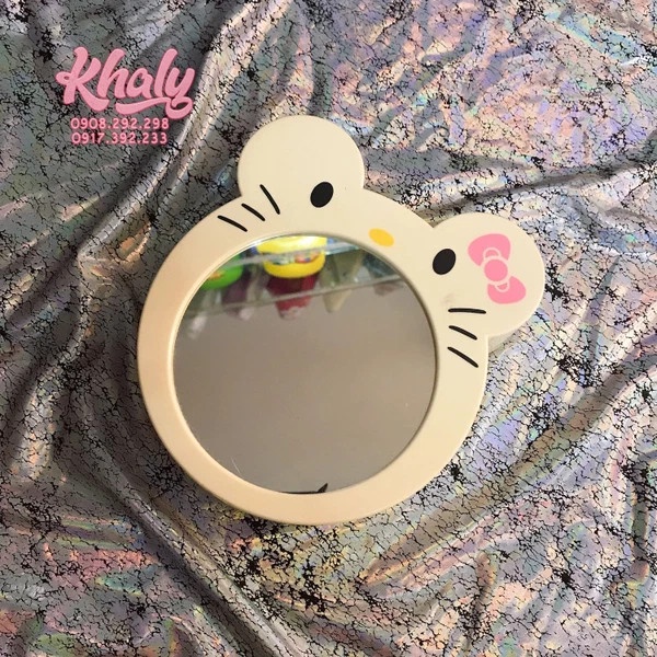 Gương soi mặt , gương trang điểm , gương mini , gương để bàn , gương treo tường hình Hello Kitty màu kem - 40KT189