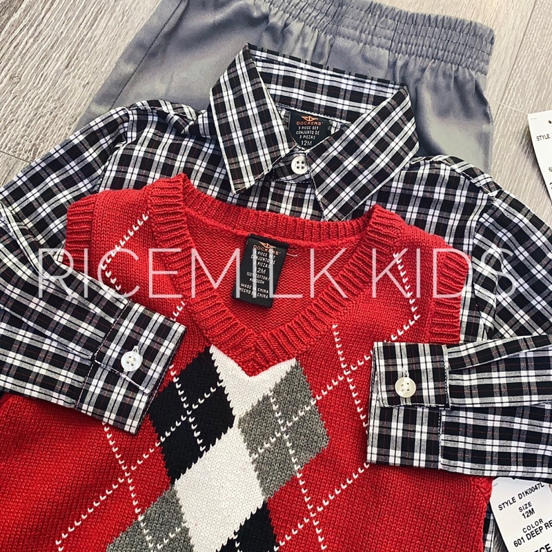 Áo len + sơ mi + quần màu đỏ cho bé xuất dư xịn