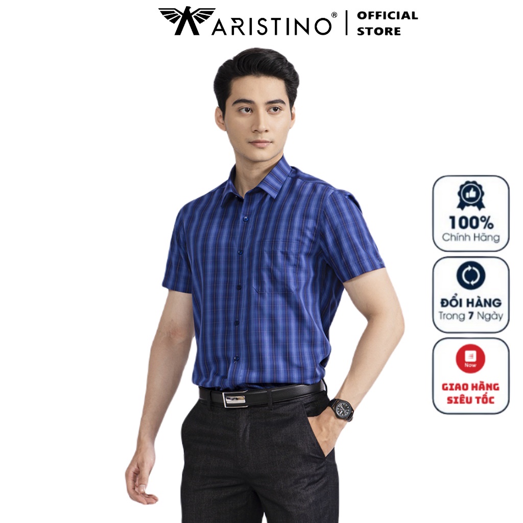 Áo Sơ Mi Nam Ngắn Tay ARISTINO ASS315S2 Somi Công Sở Cao Cấp màu xanh kẻ trắng Vải sợi sồi Dáng suông tà bằng có túi