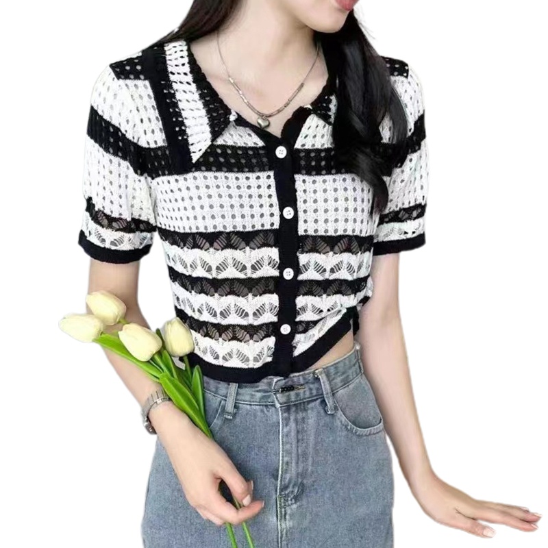 Áo Khoác Cardigan Dệt Kim Cài Nút Tay Ngắn Họa Tiết Kẻ Sọc Thời Trang Mùa Hè Cho Nữ