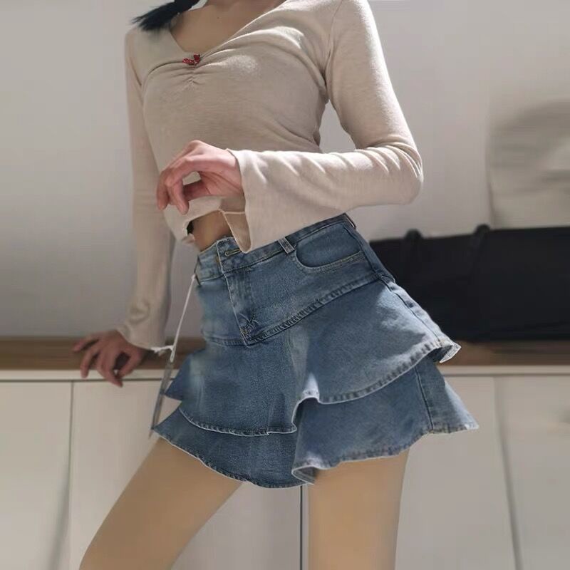 Jiashucheng Chân Váy Denim Lưng Cao Xếp Ly Xinh Xắn Dành Cho Nữ